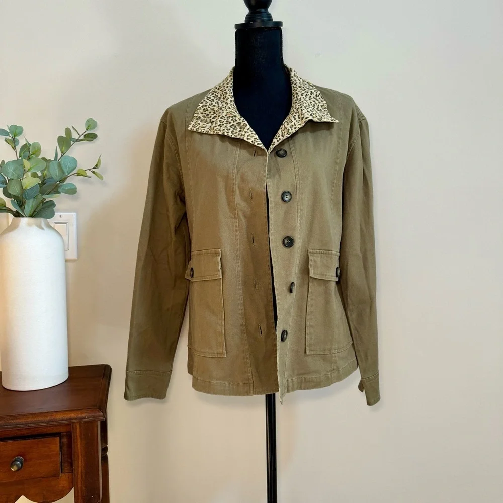 Peyton Jensen Olive Green Safari Jacket Leopard Print Trim Cotton Size Medium‎